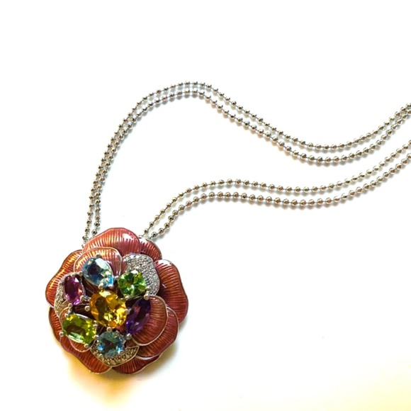 Sterling Silver Enamel Multi Stone Flower Pendant - Picture 3 of 8